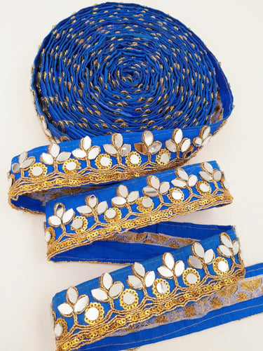 Royal Blue Silk Trim With Mirrors Embellishments and Gold Embroidery, Approx. 34mm Wide, Decorative Trim Costume Trim Fashion Trim By Yard
